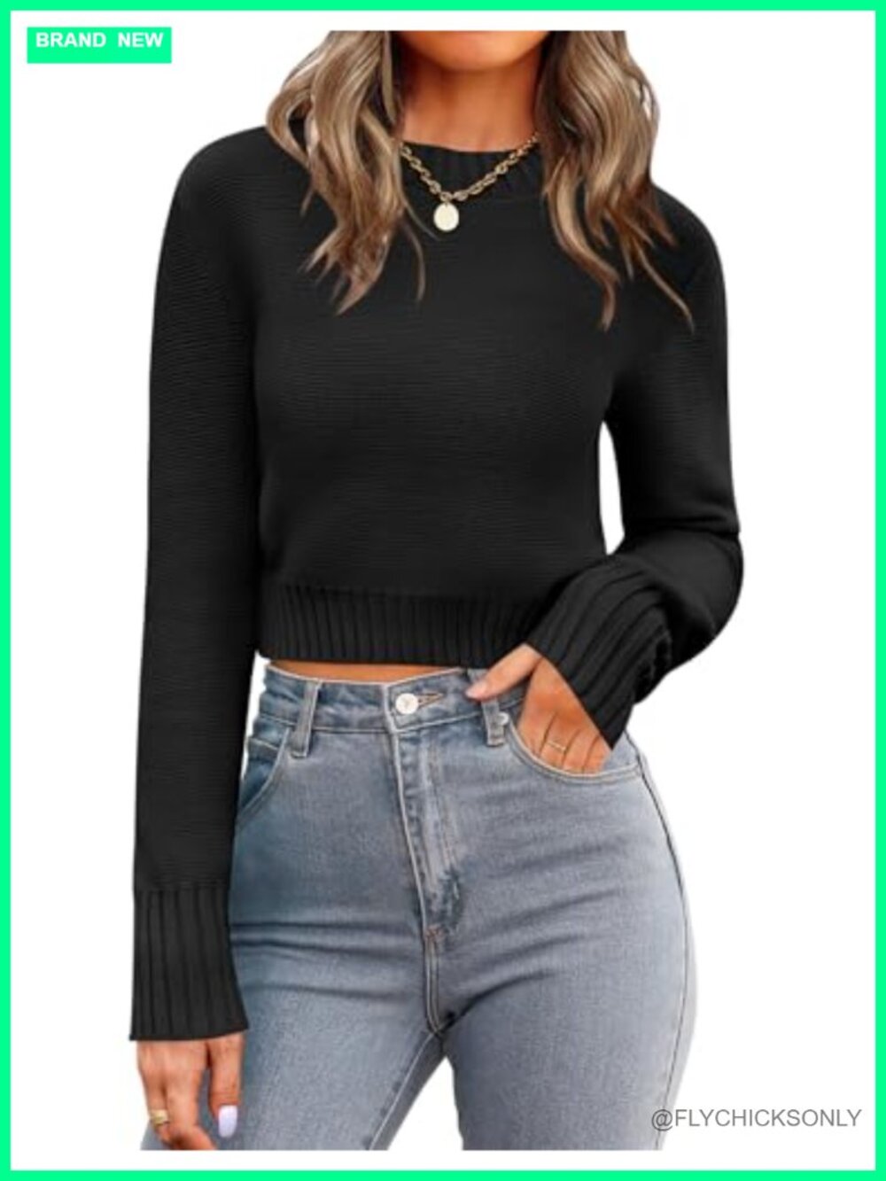Cropped Crewneck Long Sleeve Knit Pullover Sweater